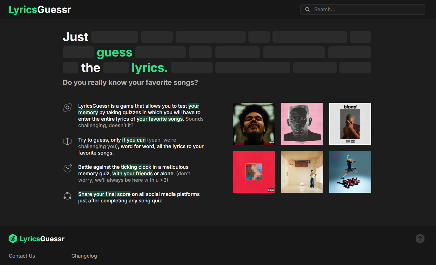 Homepage del sito Screenshot homepage di LyricsGuessr